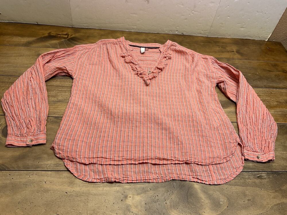 Pilcro and the Letterpress Pink Striped Ruffle V-Neck Linen Blend Top Small